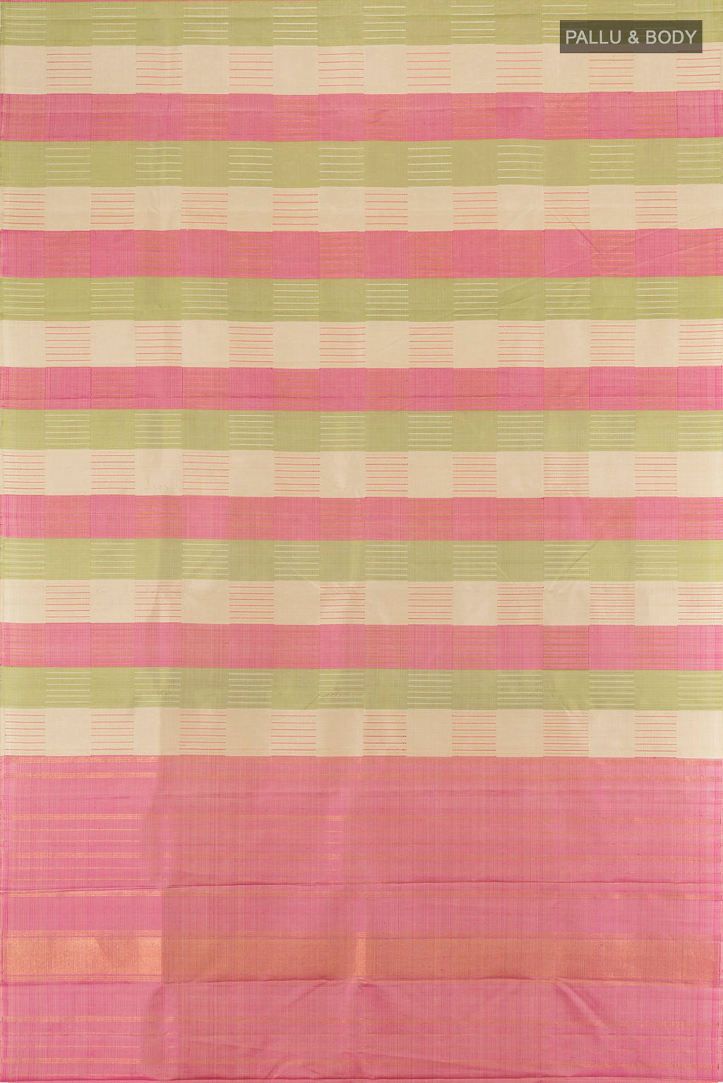 Flat view of Pure Silk Pure Zari Multi Color Kanchipuram Saree with Stripes on the body and Without Border. 