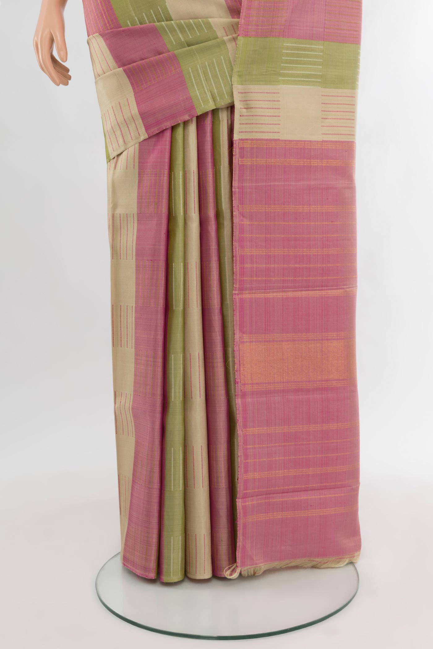 Pleats and pallu of Pure Silk Pure Zari Multi Color Kanchipuram Saree with Stripes on the body and Without Border. 