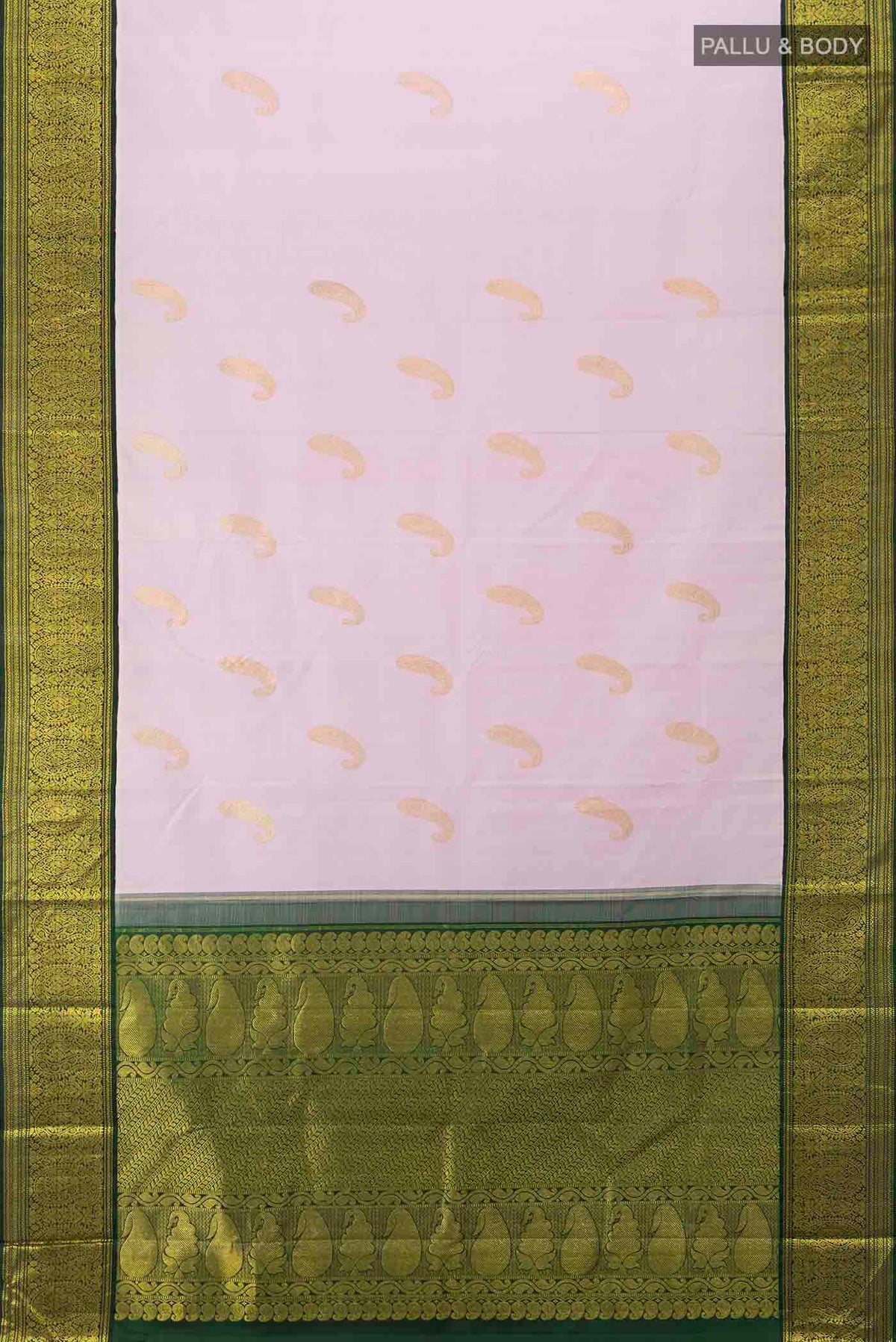 Flat view of Pure Silk Pure Zari Rose pink Kanchipuram Saree with Zari Butta on the body and Zari Border