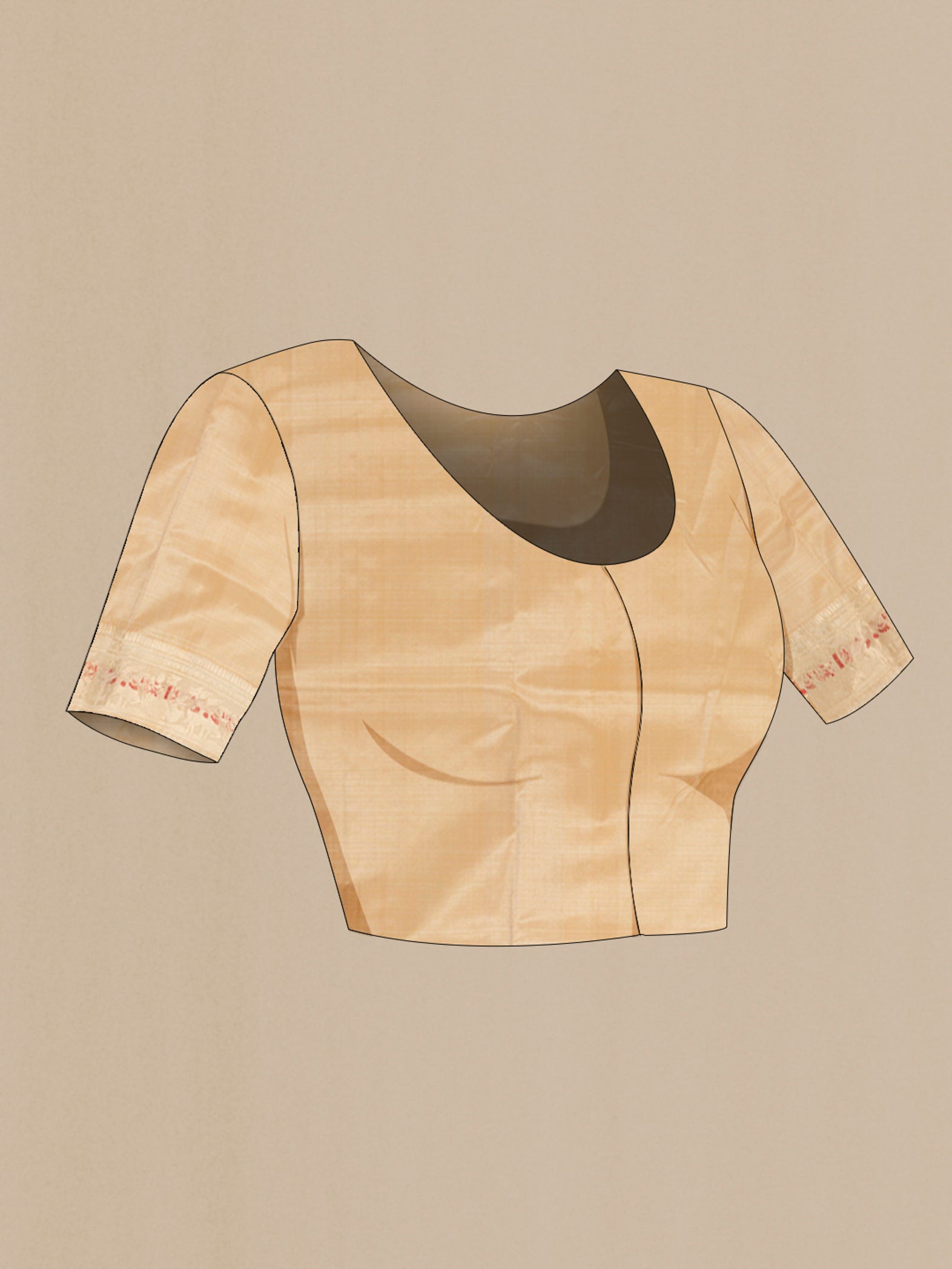 Close up image of the blouse of Beige Baluchari Silk Saree with Zari And Thread Butta on the body and Zari Border. 