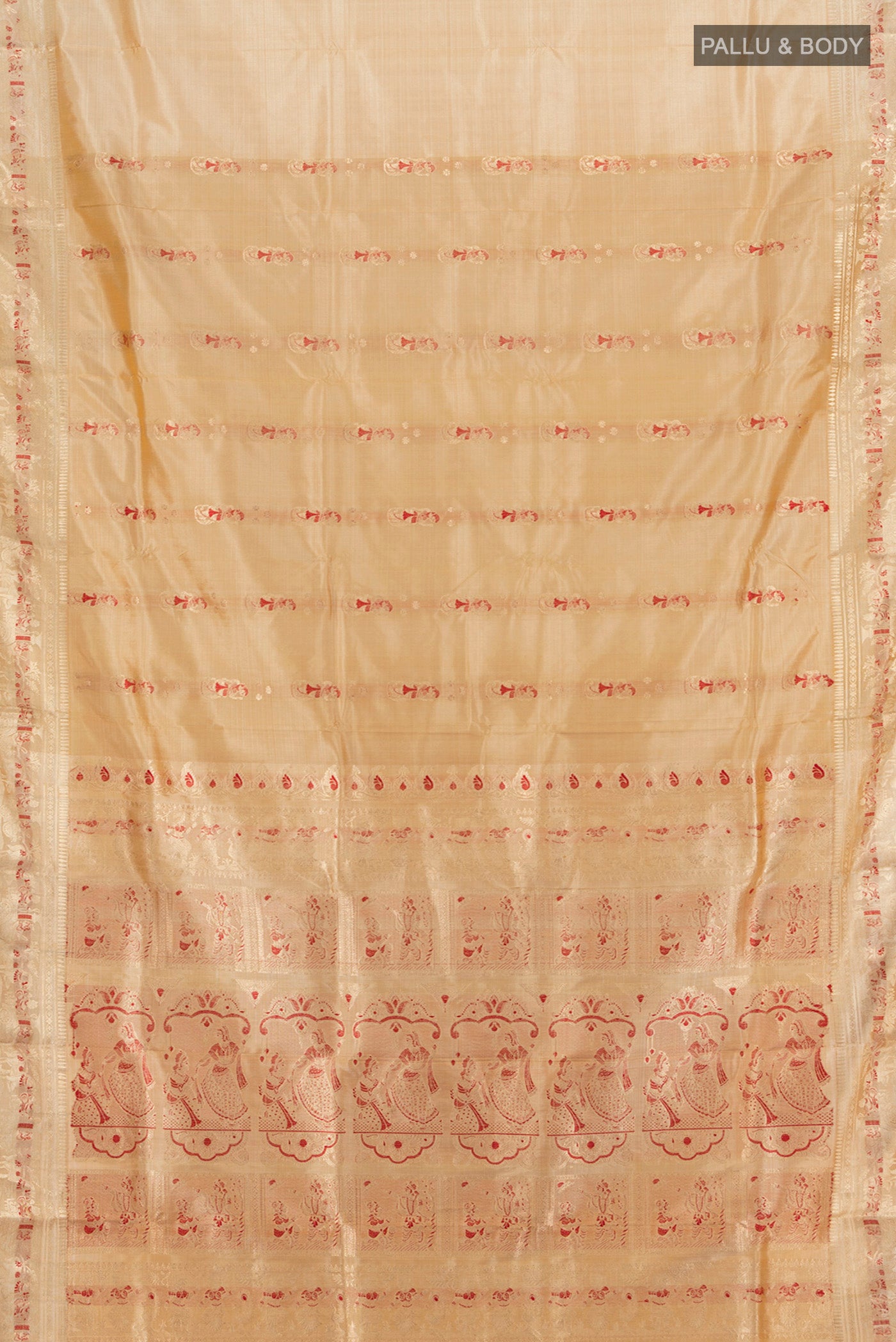 Flat view of Beige Baluchari Silk Saree with Zari And Thread Butta on the body and Zari Border. 