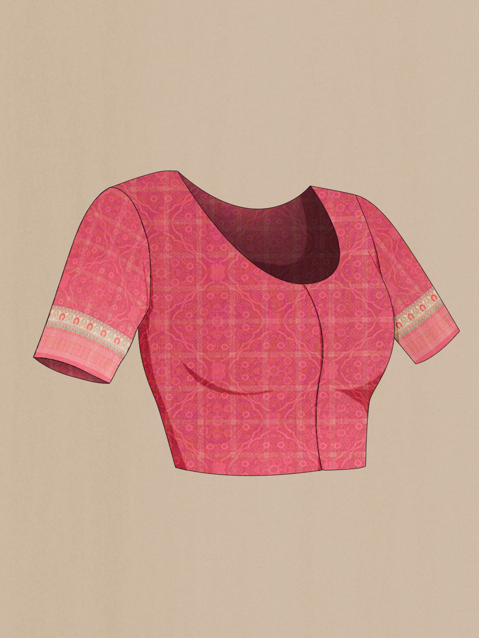 Close up image of the blouse of Beige Art Silk Saree with Zari Butta on the body and Zari Border. 