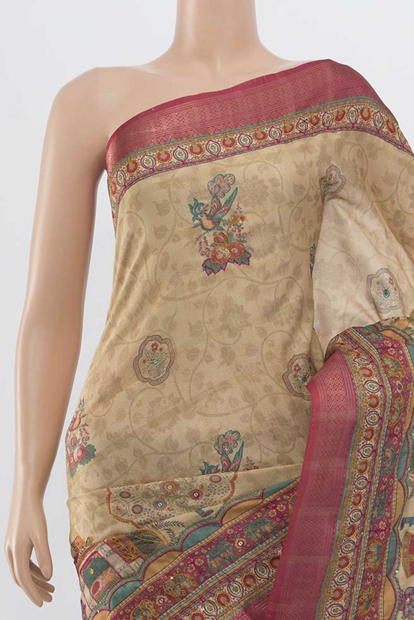 Border image of Beige Art Silk Saree with Zari Butta on the body and Zari Border. 