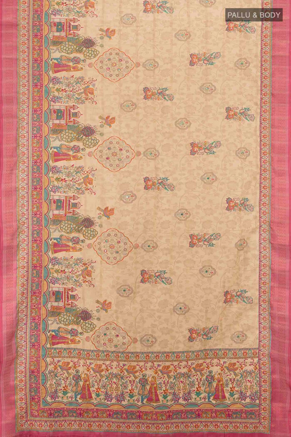Flat view of Beige Art Silk Saree with Zari Butta on the body and Zari Border. 