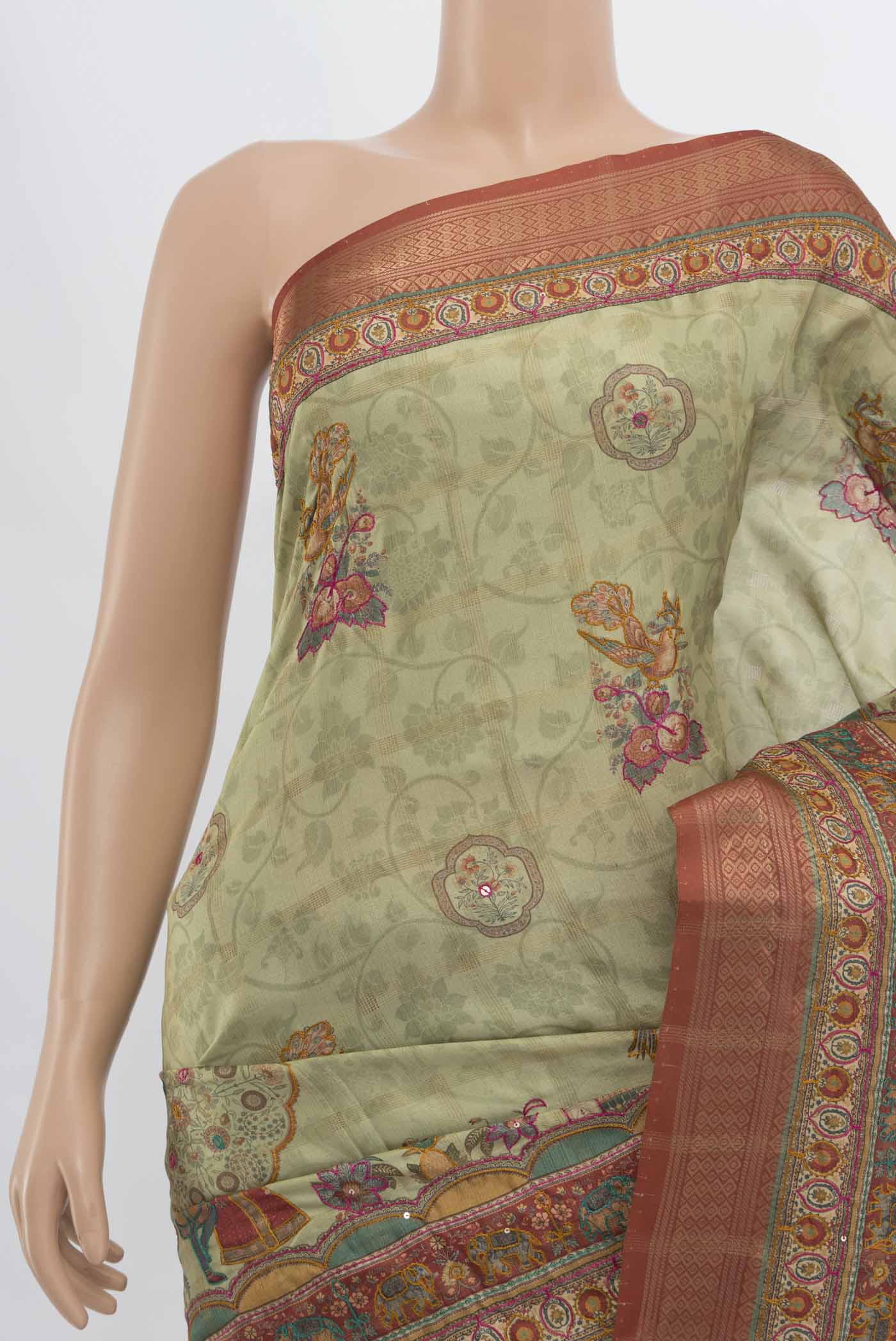 Border image of Pista Green Art Silk Saree with Embroidery on the body and Silk Border. 