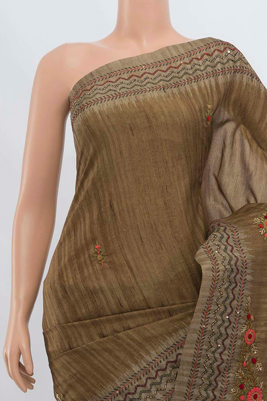 Border image of Brown Art Silk Saree with Zari Butta on the body and Zari Border. 