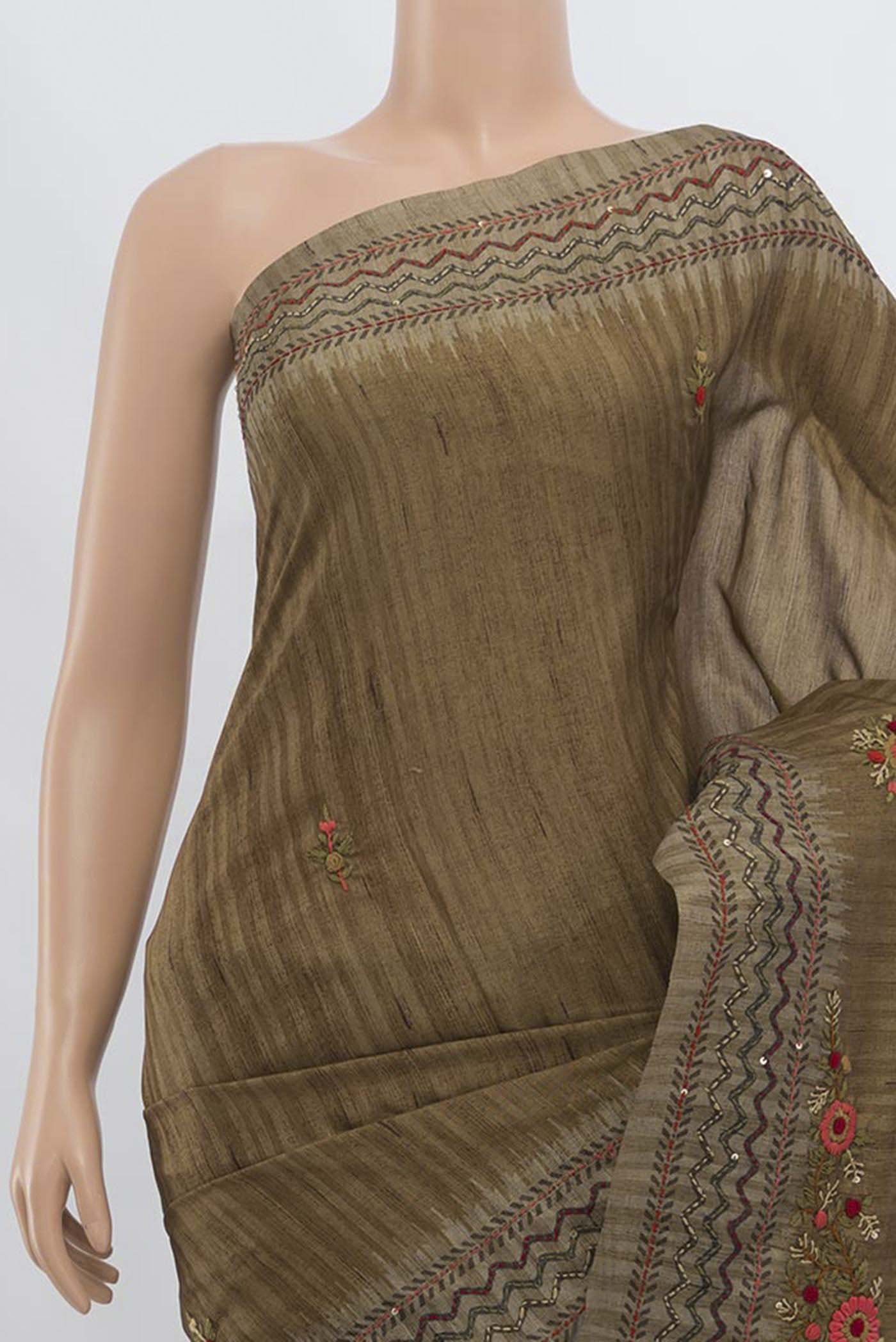 Border image of Brown Art Silk Saree with Zari Butta on the body and Zari Border. 