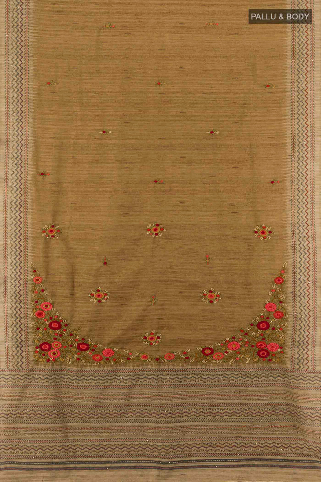Flat view of Brown Art Silk Saree with Zari Butta on the body and Zari Border. 