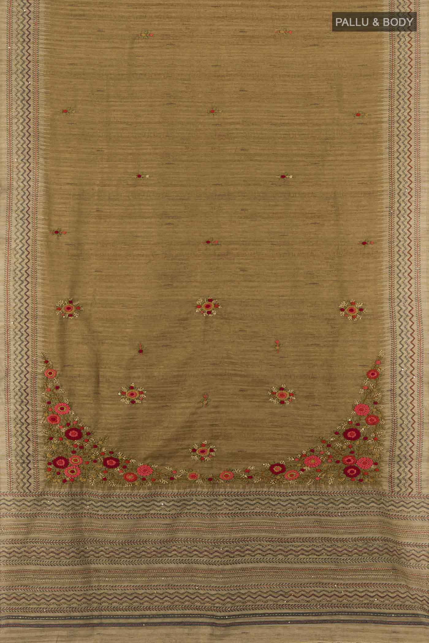 Flat view of Brown Art Silk Saree with Zari Butta on the body and Zari Border. 