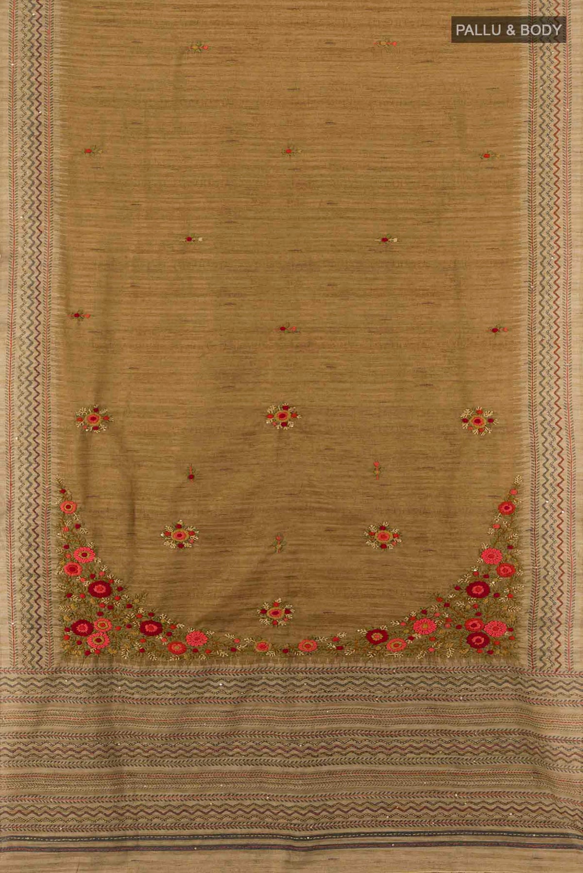 Flat view of Brown Art Silk Saree with Zari Butta on the body and Zari Border. 
