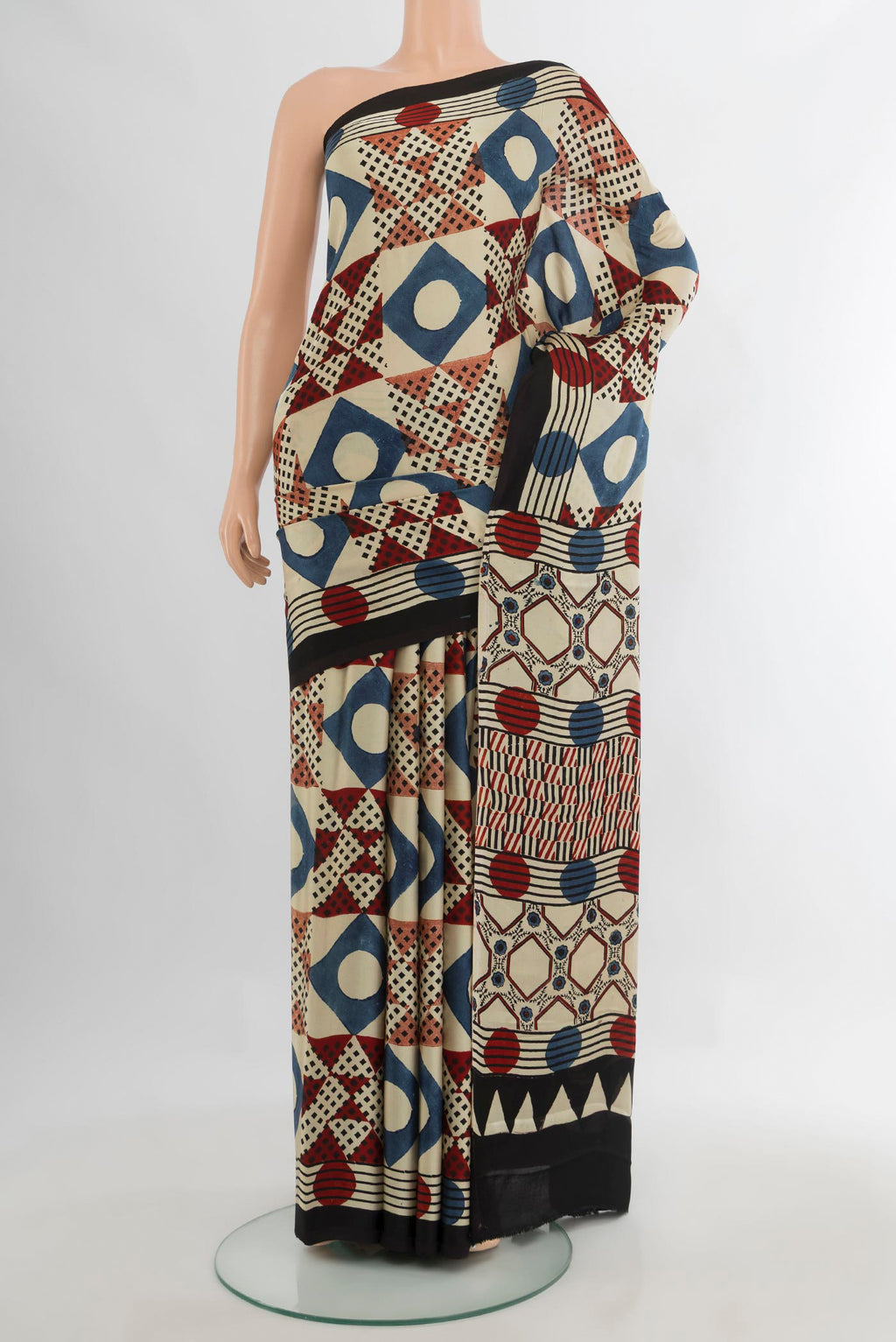 Beige Blended Satin Crepe Saree with Ajrakh Print on the body and Printed Border.  displayed on a mannequin
