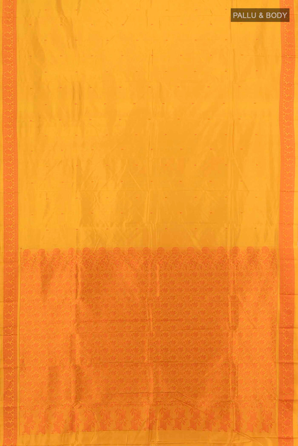 Flat view of Yellow Kanjivaram Silk Saree with Zari Butta on the body and Silk Border. 
