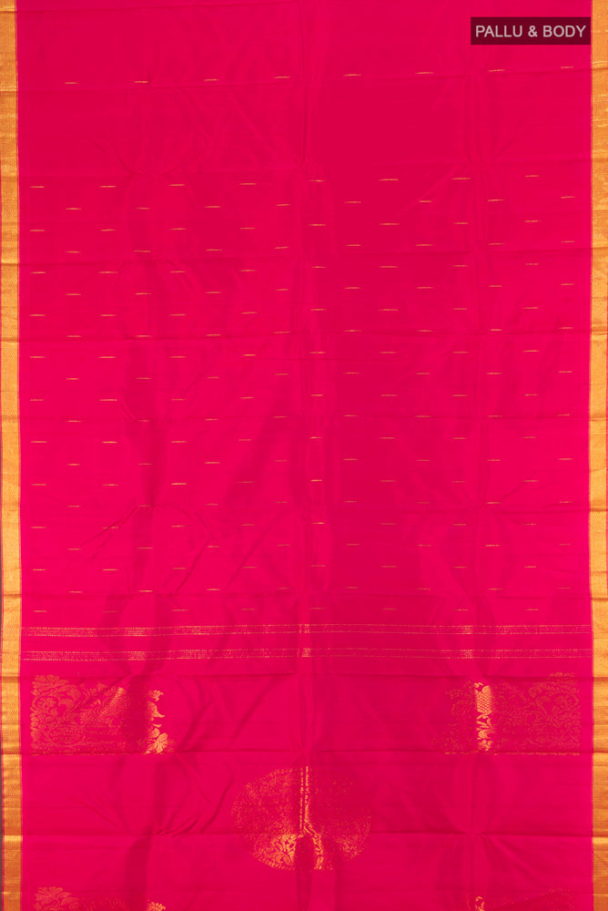 Flat view of Dark Pink Pochampally Saree with Zari Butta on the body and Silk Border. 