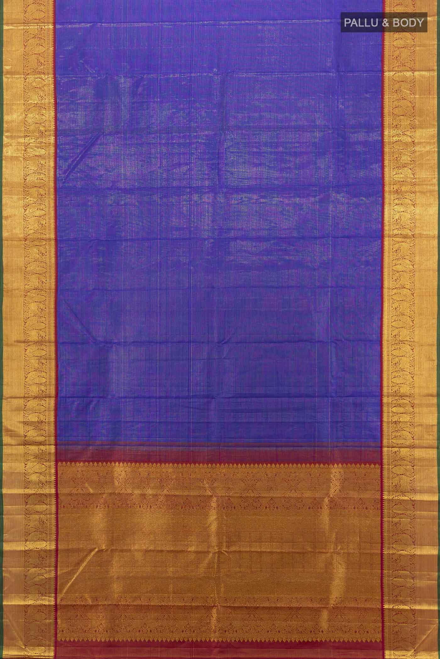 Flat view of Dark Blue Kanchipuram Silk Saree with Zari Butta on the body and Silk Border. 
