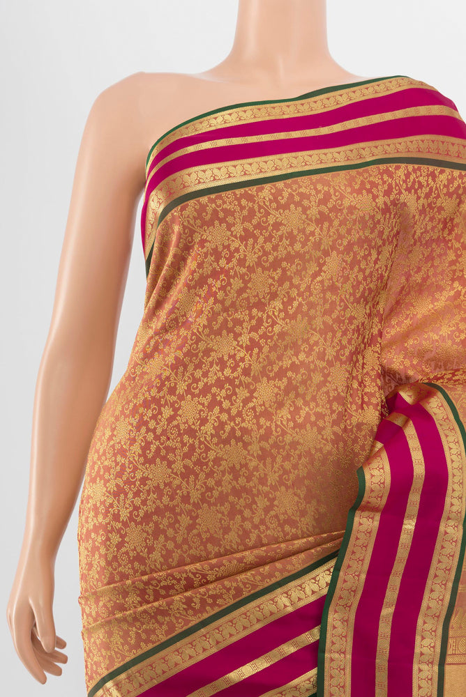 Border image of Golden Kanchipuram Silk Saree with Zari Butta on the body and Silk Border. 