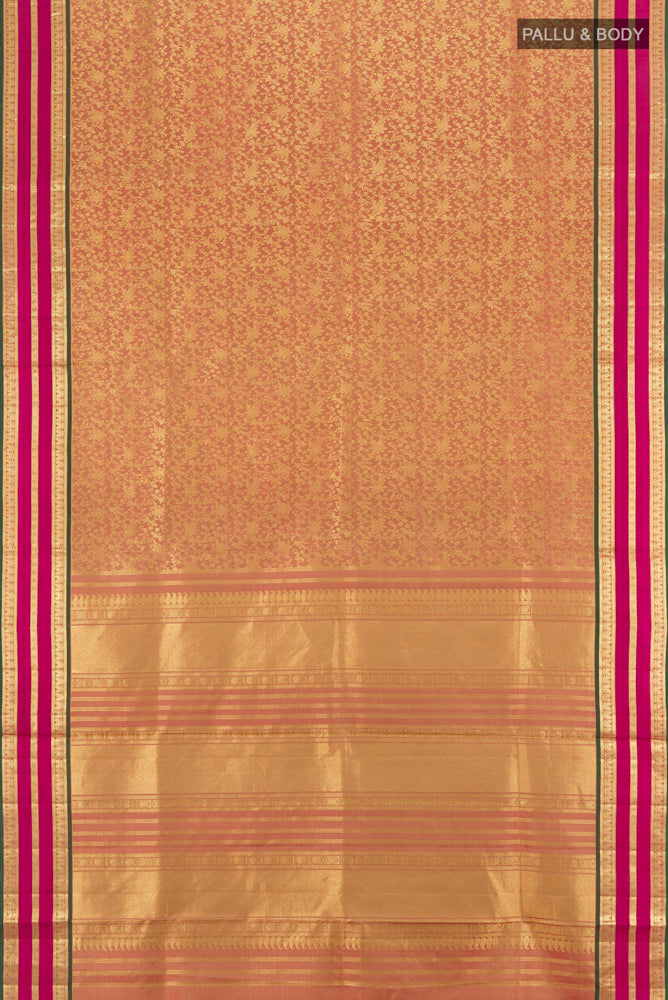 Flat view of Golden Kanchipuram Silk Saree with Zari Butta on the body and Silk Border. 