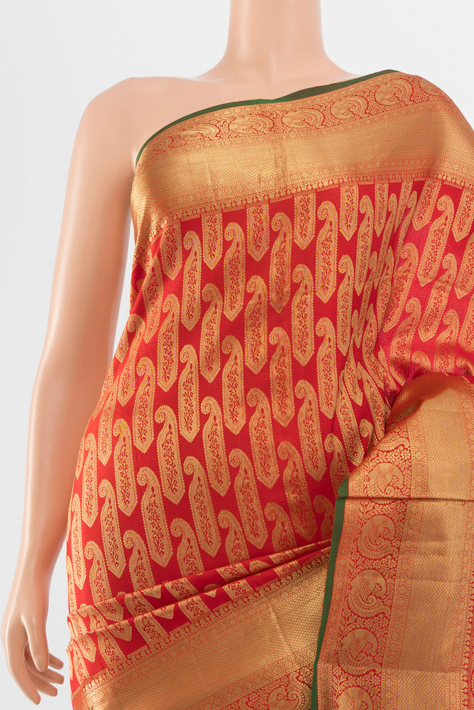 Border image of Red Kanchipuram Silk Saree with Zari Butta on the body and Silk Border. 