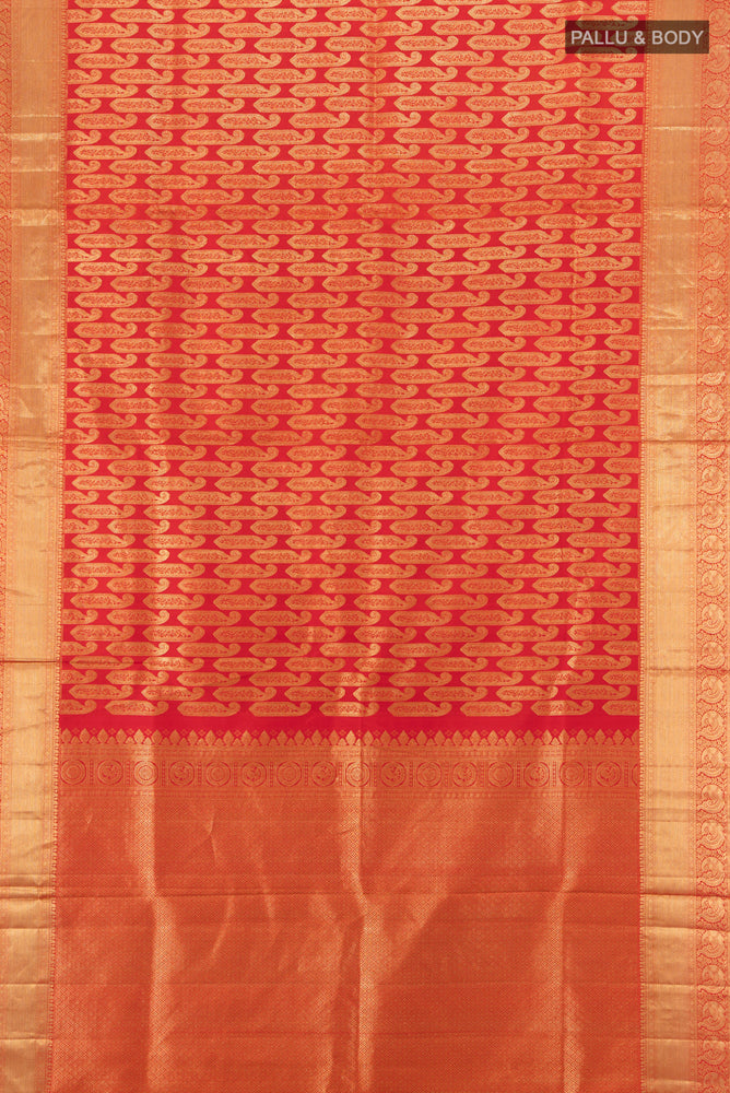 Flat view of Red Kanchipuram Silk Saree with Zari Butta on the body and Silk Border. 