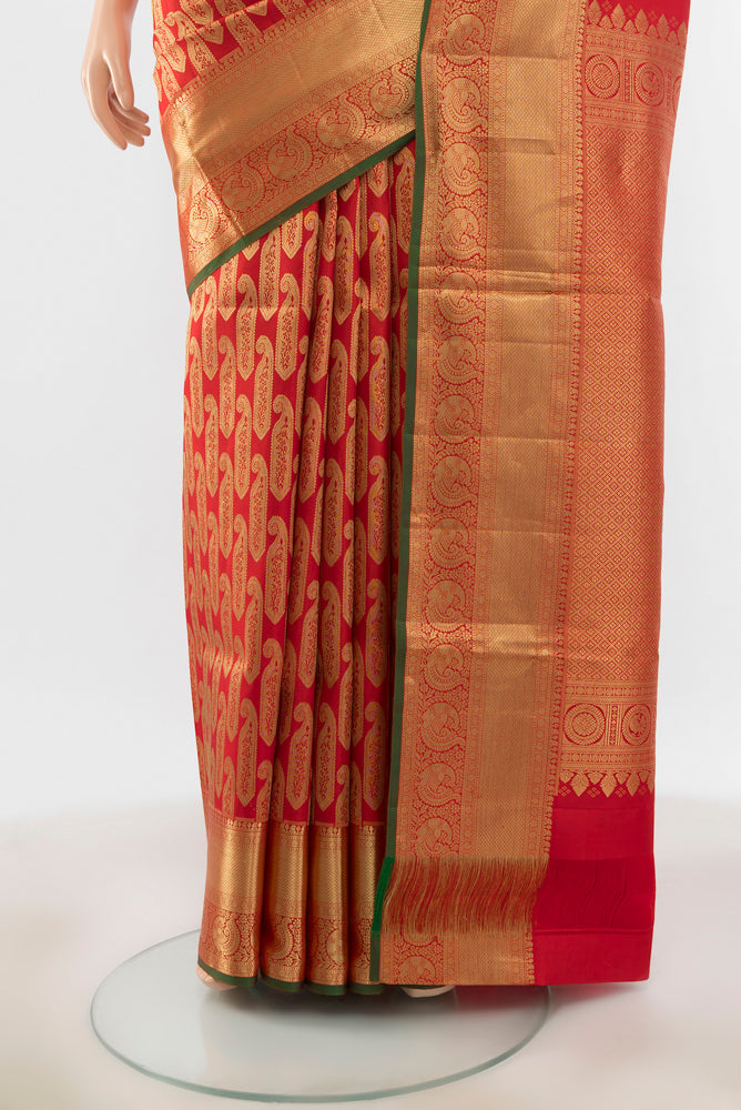 Pleats and pallu of Red Kanchipuram Silk Saree with Zari Butta on the body and Silk Border. 