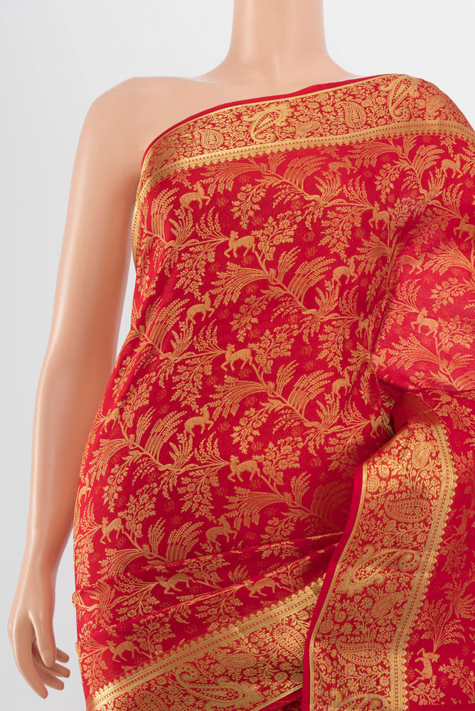 Border image of Red Kanchipuram Silk Saree with Zari Butta on the body and Silk Border. 