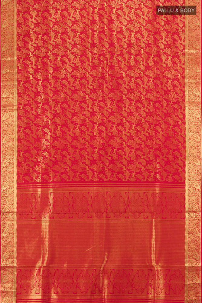 Flat view of Red Kanchipuram Silk Saree with Zari Butta on the body and Silk Border. 