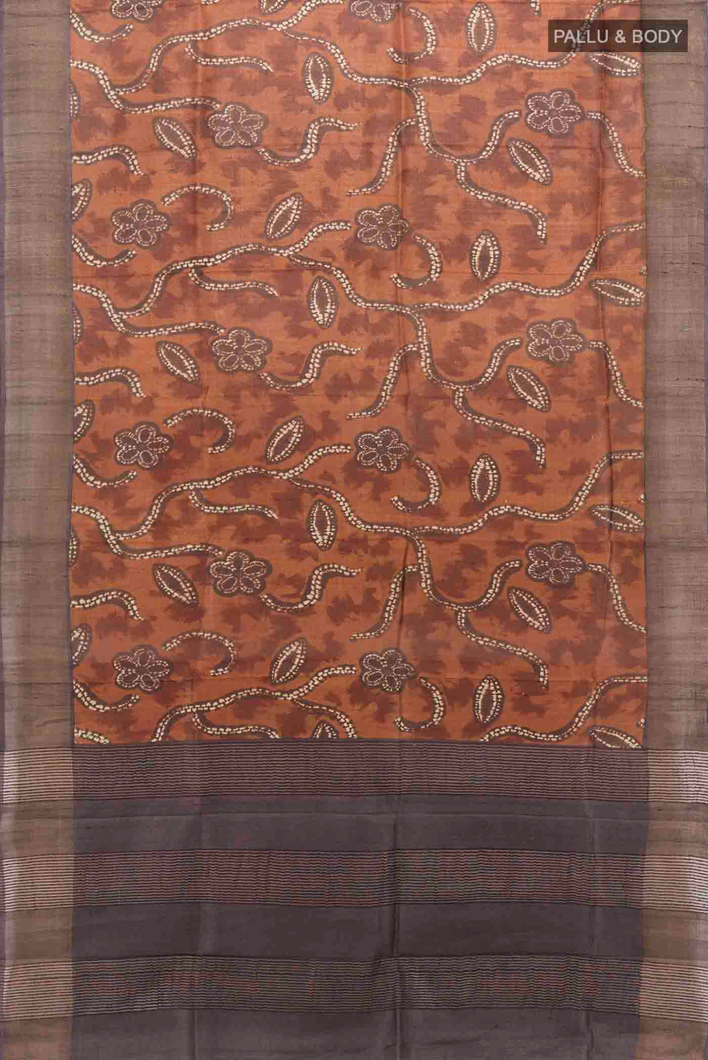 Flat view of Brown Tussar Silk Saree with Zari Butta on the body and Silk Border