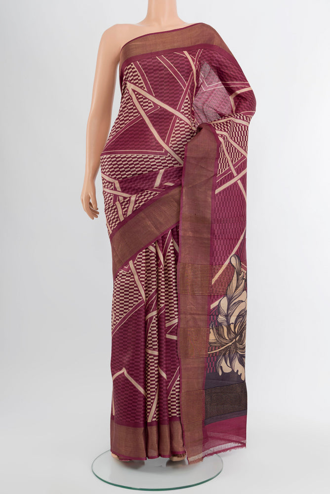 Multi Color Tussar Silk Saree with Floral Print on the body and Silk Border.  displayed on a mannequin
