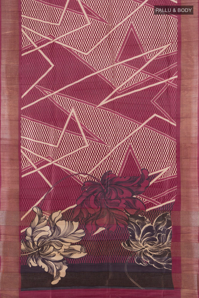 Flat view of Multi Color Tussar Silk Saree with Floral Print on the body and Silk Border. 