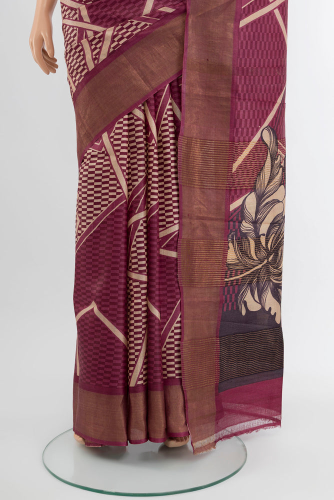 Pleats and pallu of Multi Color Tussar Silk Saree with Floral Print on the body and Silk Border. 