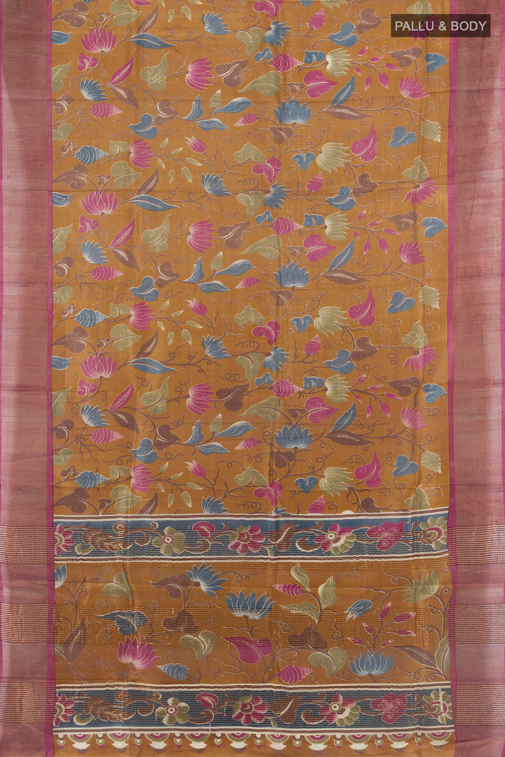 Flat view of Mustard Tussar Saree with Floral Print on the body and Zari Border. 