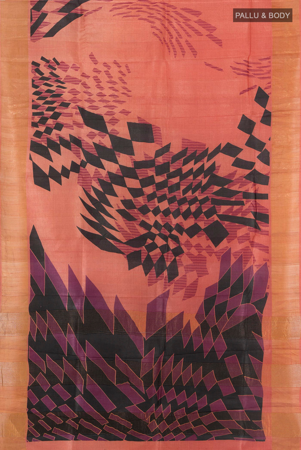 Flat view of Coral Tussar Silk Saree with Printed design on the body and Zari Border. 
