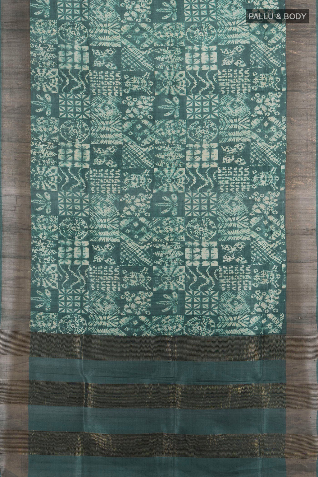 Flat view of Multi Color Tussar Saree with Floral Print on the body and Silk Border. 