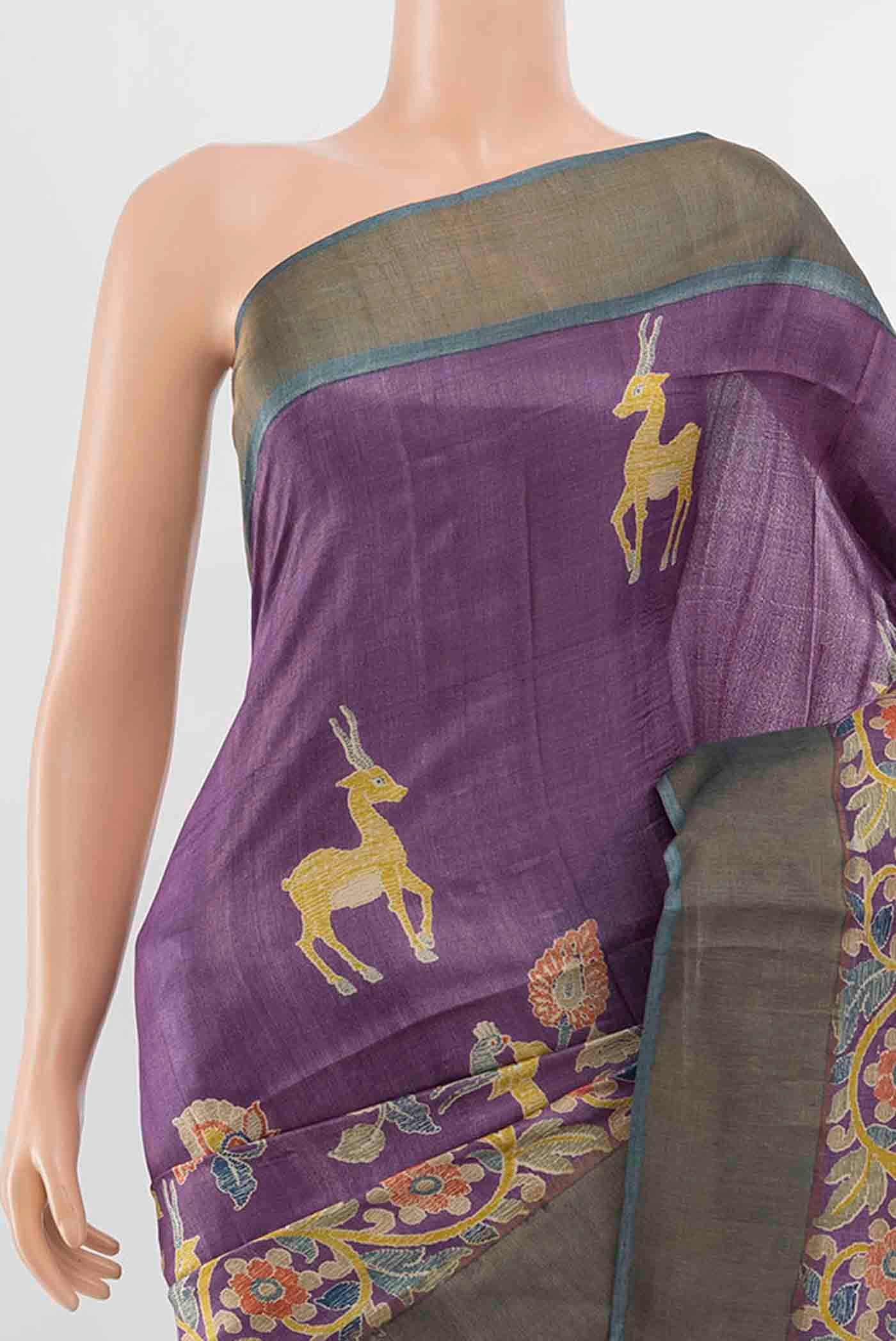 Border image of Violet Tussar Silk Saree with Zari Butta on the body and Silk Border