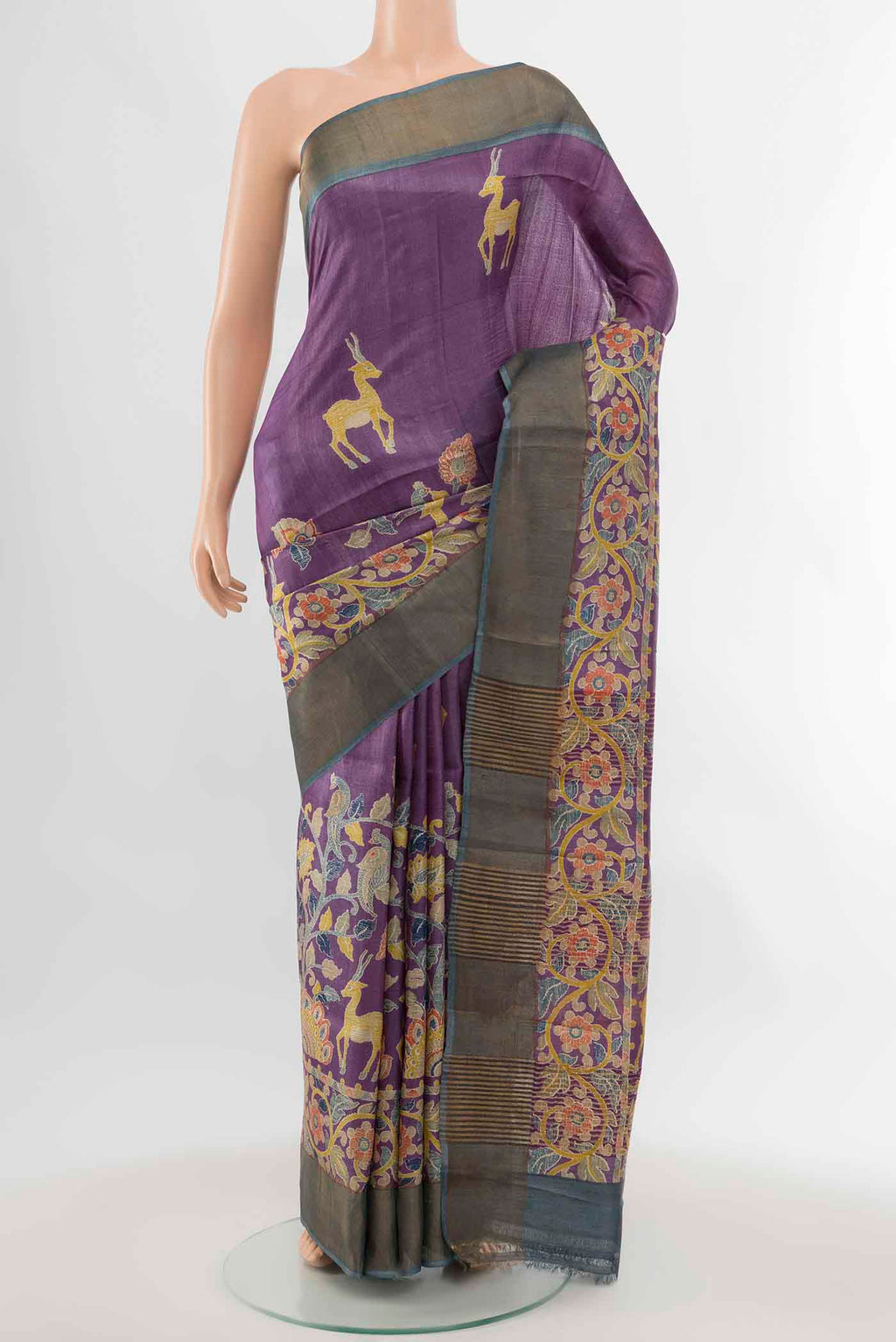Violet Tussar Silk Saree with Zari Butta on the body and Silk Border displayed on a mannequin