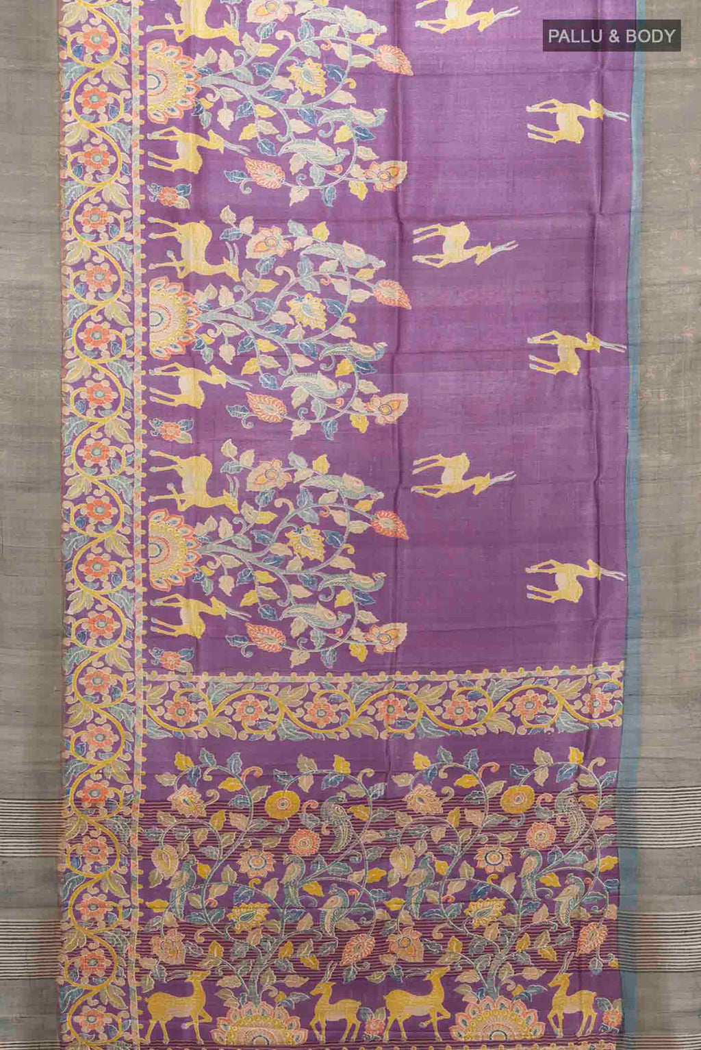 Flat view of Violet Tussar Silk Saree with Zari Butta on the body and Silk Border