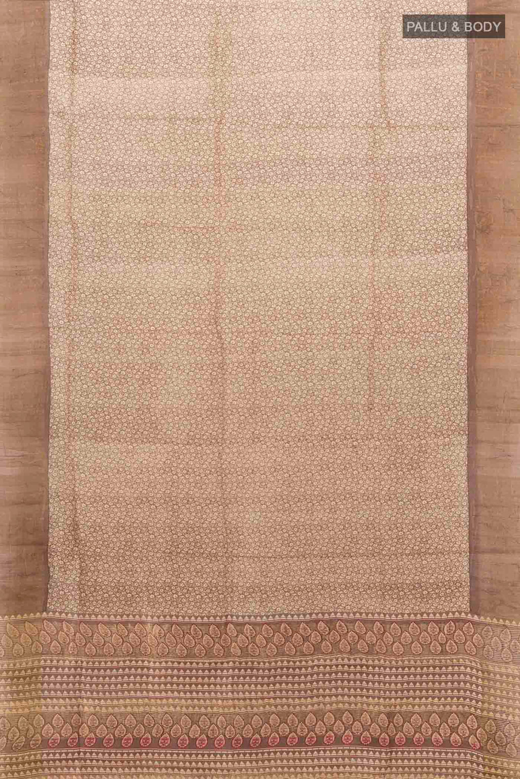 Flat view of Beige Tussar Silk Saree with Zari Brocade on the body and Silk Border