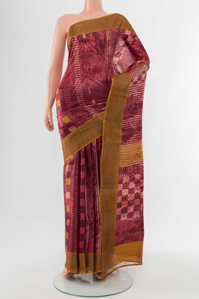 Pure Silk Pure Zari Multi Color Tussar Saree with Floral Print on the body and Silk Border.  displayed on a mannequin