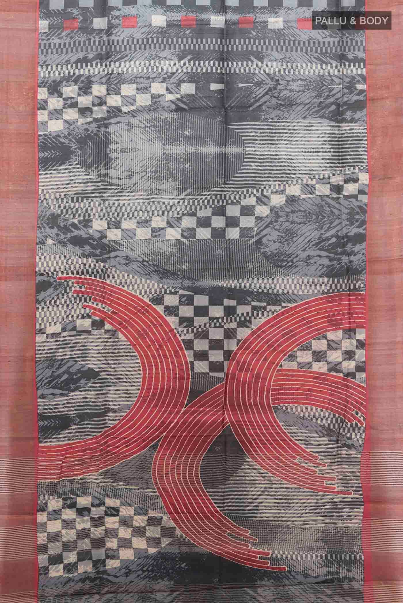 Flat view of Pure Silk Pure Zari Grey Tussar Saree with Zari Brocade on the body and Silk Border