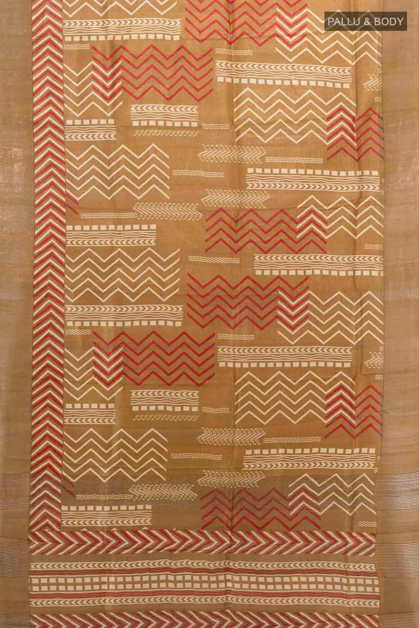 Flat view of Mehandi Green Tussar Silk Saree with Zari Brocade on the body and Silk Border