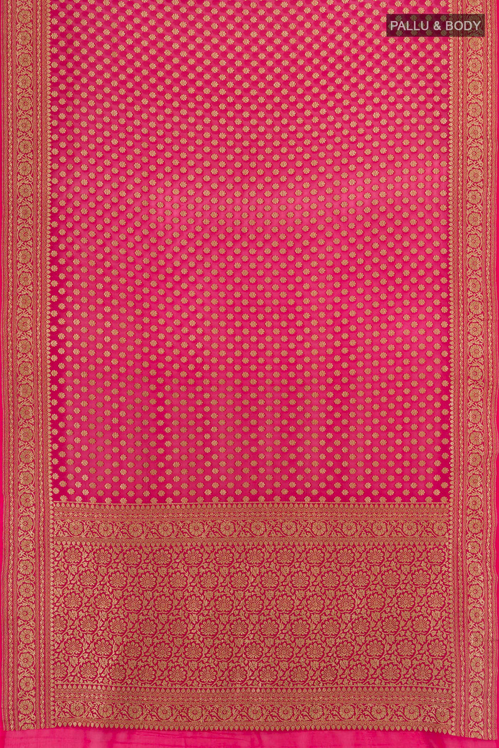 Flat view of Dark Pink Banarasi Georgette Saree with Zari Butta on the body and Zari Border. 