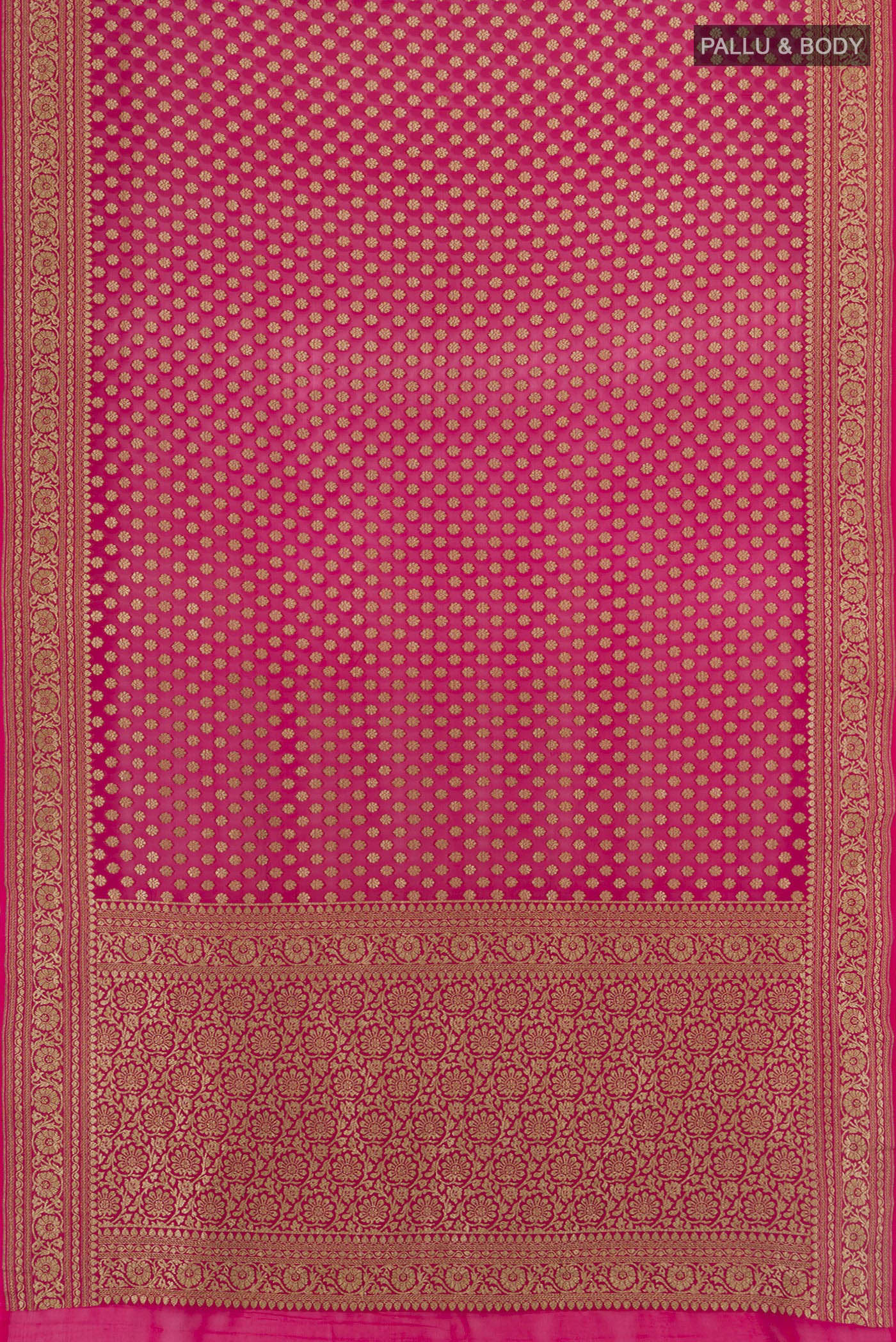 Flat view of Dark Pink Banarasi Georgette Saree with Zari Butta on the body and Zari Border. 