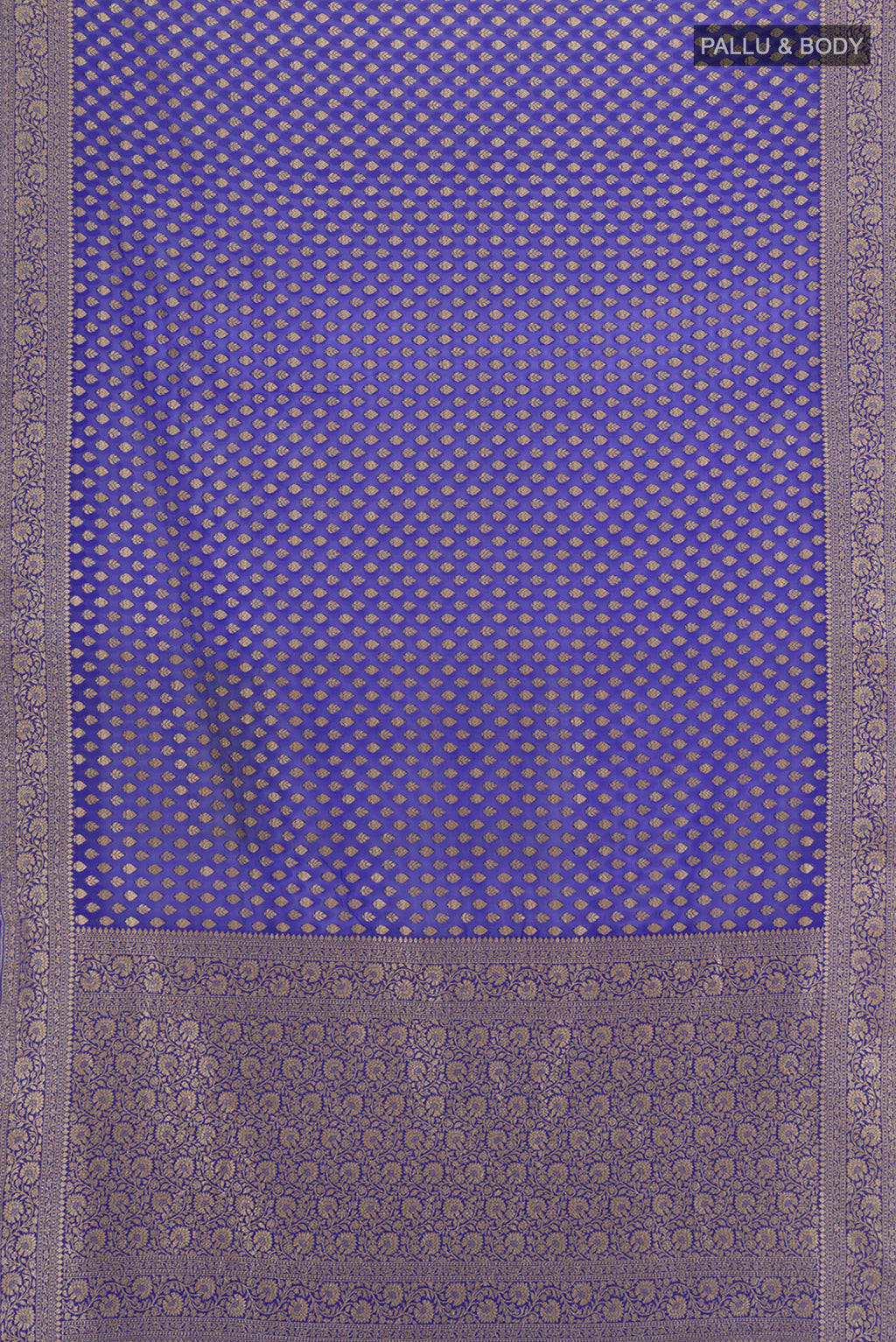 Flat view of Pure Silk Pure Zari Dark Blue Banarasi Georgette Saree with Zari Butta on the body and Silk Border. 