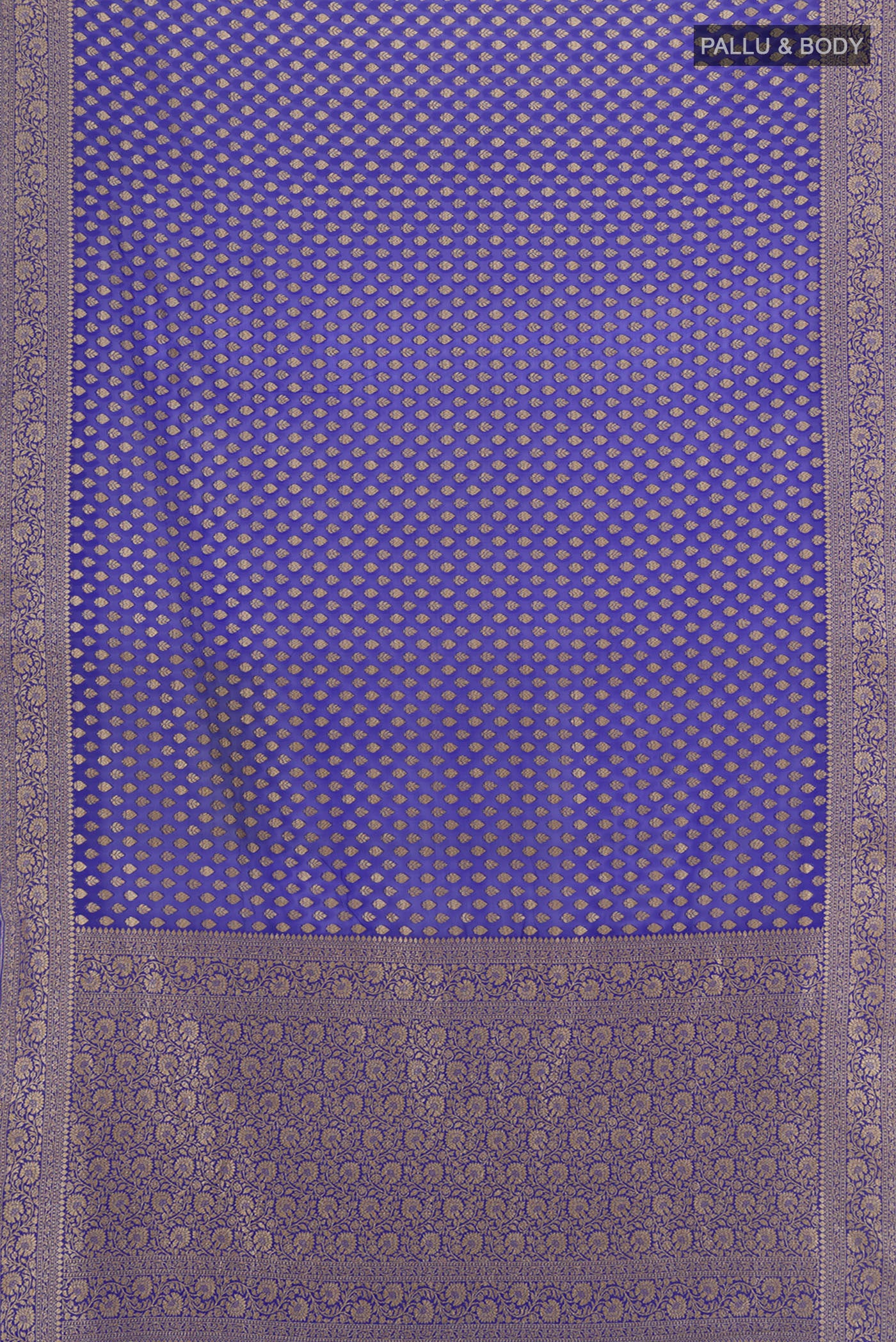 Flat view of Pure Silk Pure Zari Dark Blue Banarasi Georgette Saree with Zari Butta on the body and Silk Border. 