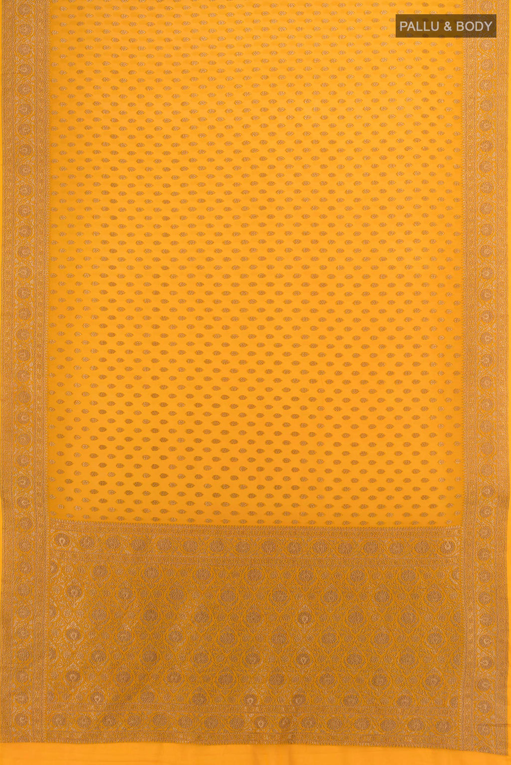Flat view of Yellow Banarasi Georgette Saree with Zari Brocade on the body and Zari Border. 