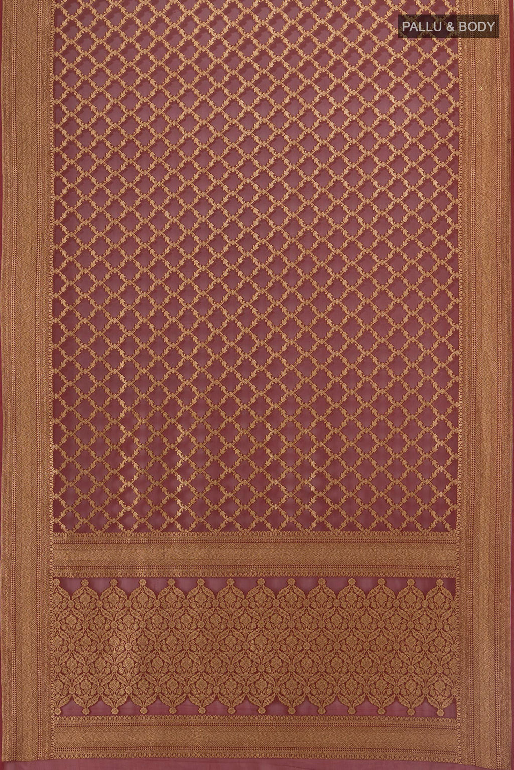 Flat view of Coffee Brown Banarasi Georgette Saree with Zari Brocade on the body and Zari Border. 