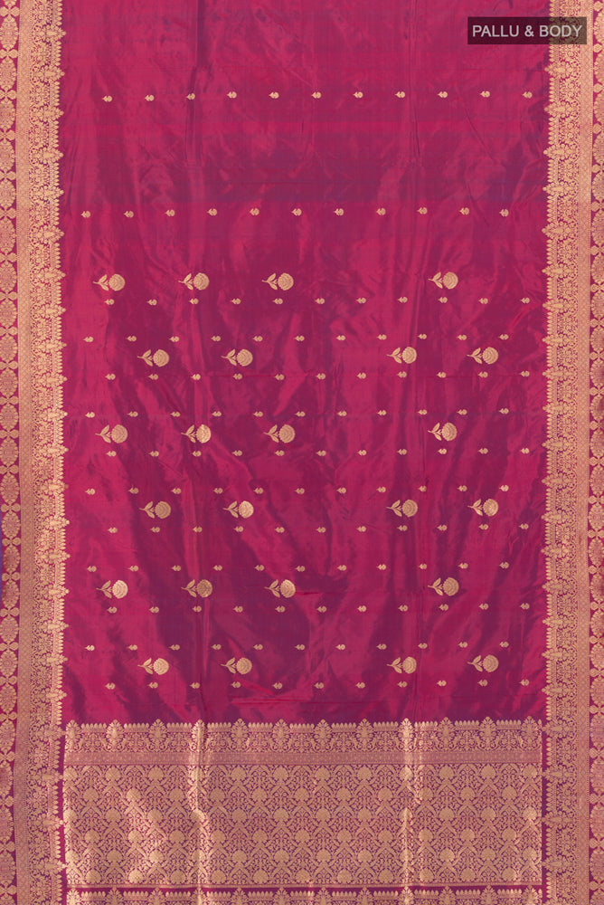 Flat view of Purple Banarasi Katan Silk Saree with Zari Butta on the body and Silk Border. 