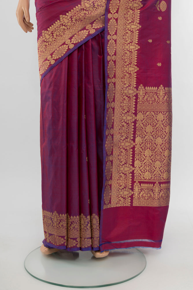 Pleats and pallu of Purple Banarasi Katan Silk Saree with Zari Butta on the body and Silk Border. 