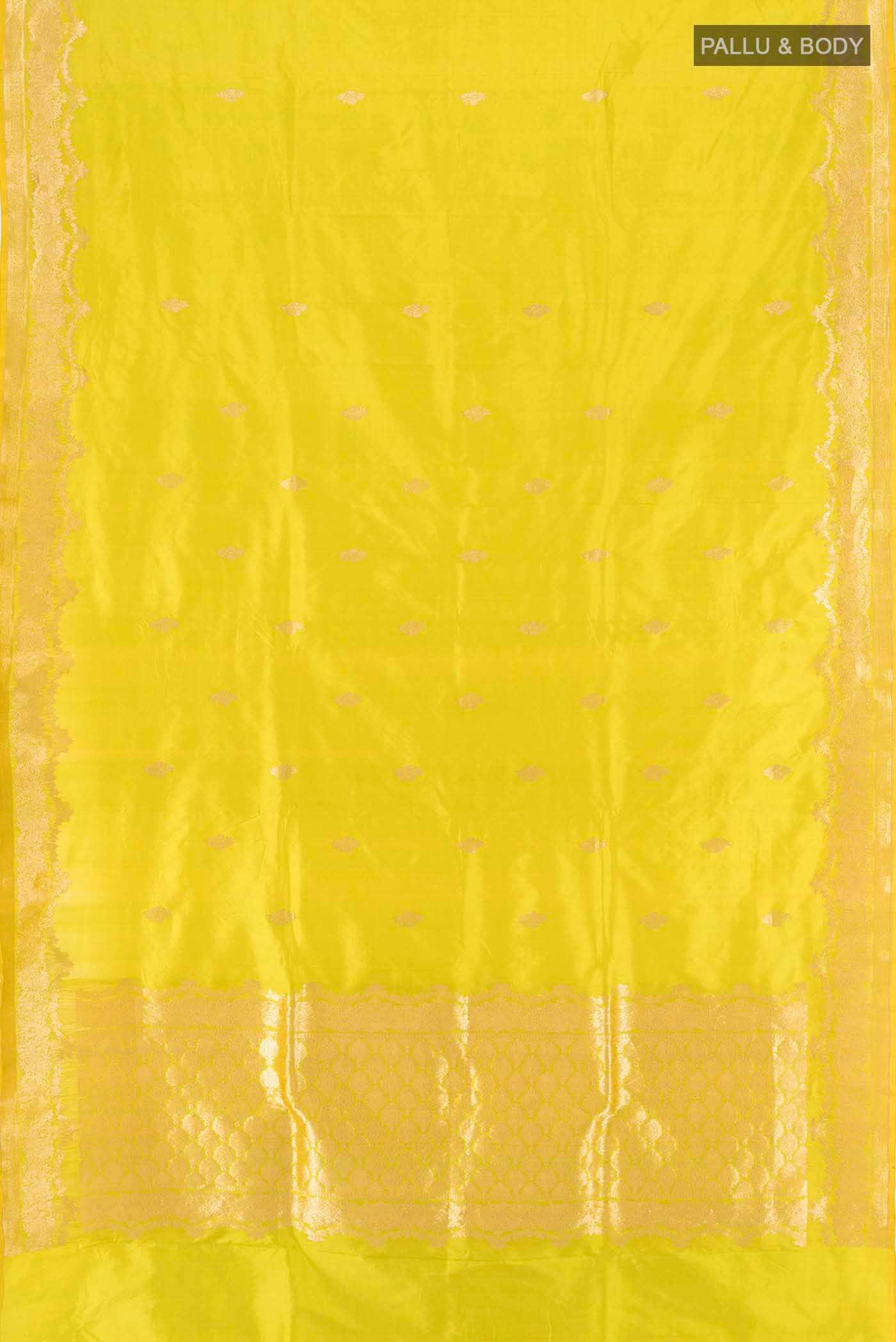 Flat view of Pista Green Banarasi Katan Silk Saree with Zari Butta on the body and Silk Border