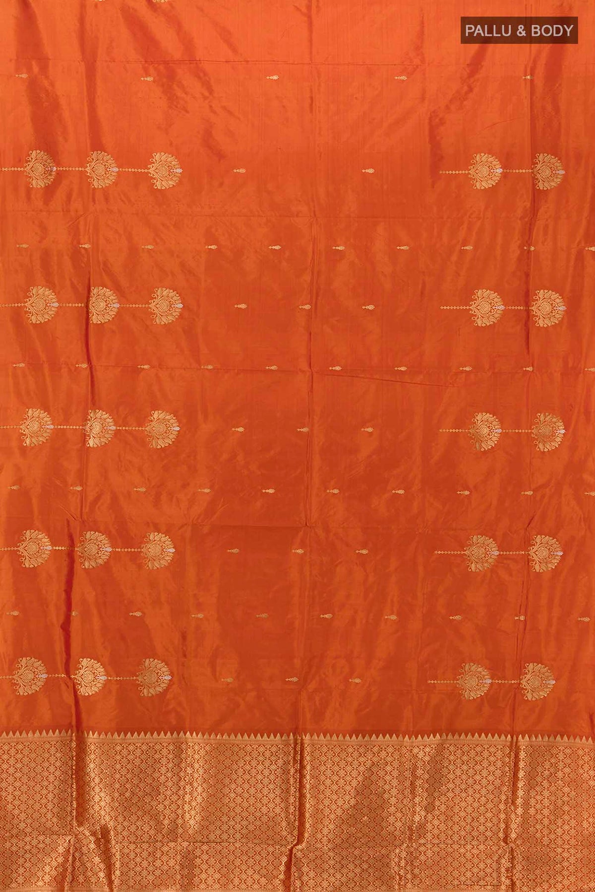 Flat view of Orange Banarasi Katan Silk Saree with Zari Butta on the body and Without Border