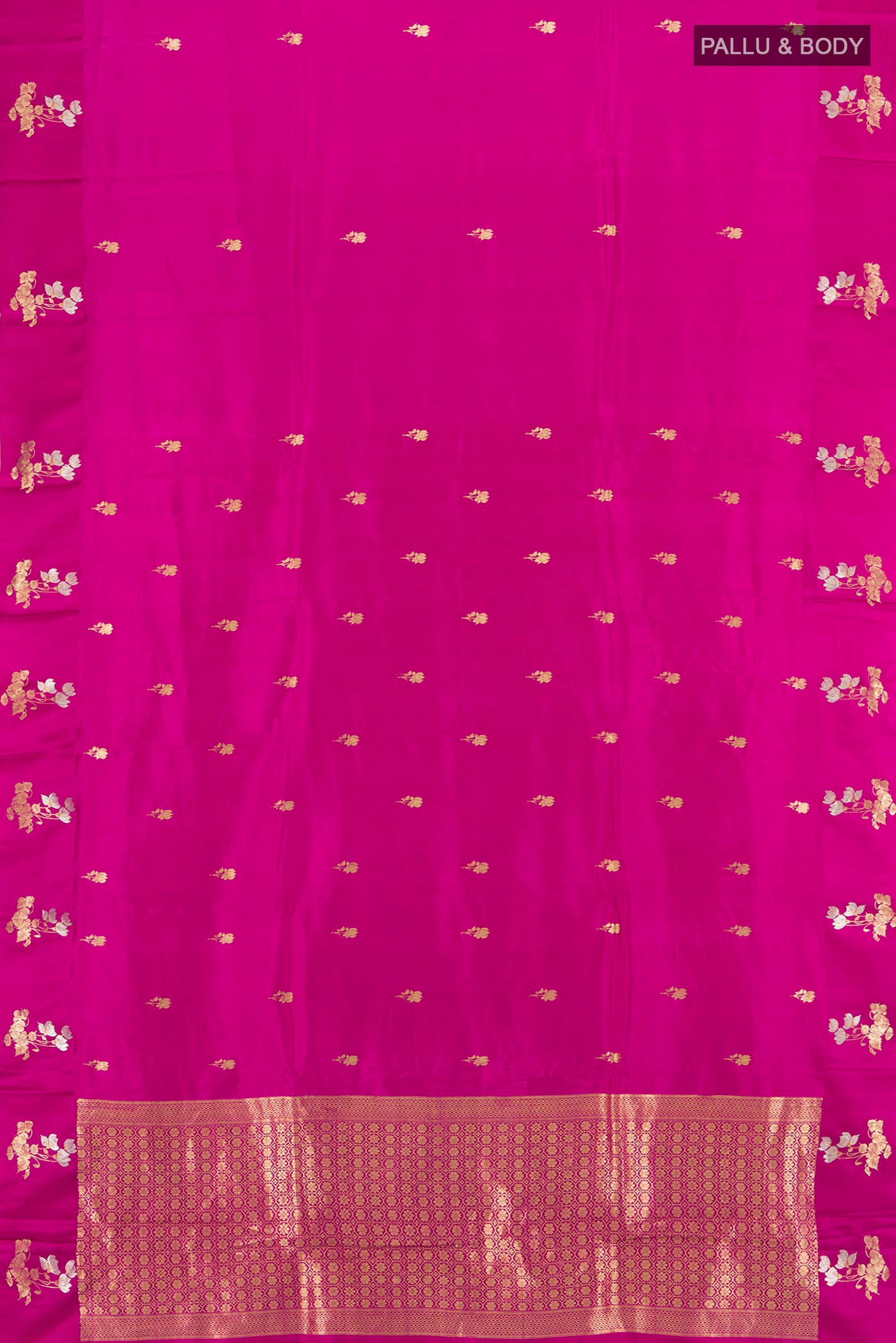 Flat view of Purple Banarasi Katan Silk Saree with Zari Butta on the body and Silk Border. 